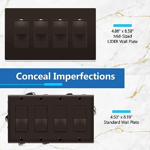 Image of LIDER Decorator Switch Cover, Screwless Wall Plate, Mid-Size 4-Gang 4.88 inch x 8.58 inch, LSWP-34M-BR, UL Listed, Thermoplastic, Matte Brown, 1-Pack