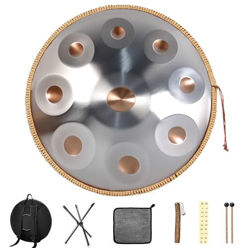 Handpan Drum, Handpan Instrument, 22 Zoll Steel Tongue Drum mit Schlägeln, Handpans Ständer und Stofftasche, Hand Pan, 440 Hz (Silber, 9 Töne)