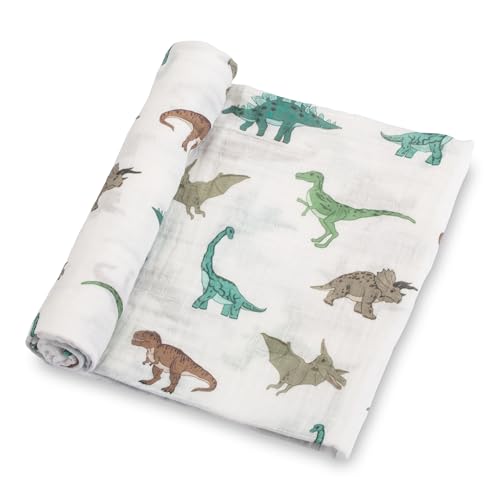 Image of LollyBanks Baby Blanket, 100% Cotton Muslin Swaddle Blankets for Boys, Large 47 x 47 Inches Newborn Blanket, Soft and Breathable Receiving Blankets, Baby Essentials, Registry (Dinosaur Print)