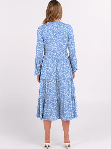 Image of ANRABESS Women's Long Lantern Sleeve Floral Midi Dresses 2026 Fall V Neck Casual Flowy A-line Tiered Boho Vacation Dress