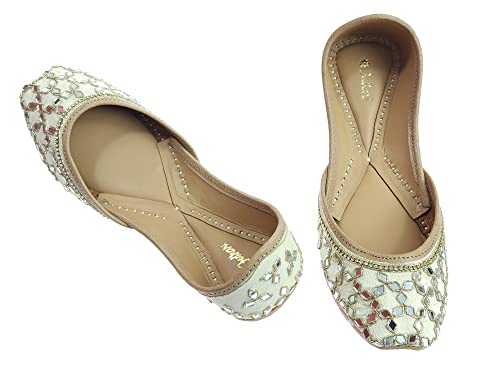 Image of Fulkari Women's Mirror Genuine Soft Leather Juttis | Bite and Pinch Free Jutis | Ladies Punjabi Jutti | Wedding Flat Stylish Mojari | Phulkari Ethnic Flats For Girls |