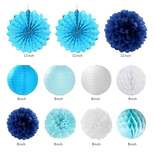 Image of Light-Royal Blue White Birthday Party-decorations - 21pcs Boys Men Ocean Happy Banner,Navy Dusty Paper Streamers Lanterns Honeycomb,tissue Pom Poms Fan,Nautical Adult Garland Supplies Decor Huglony