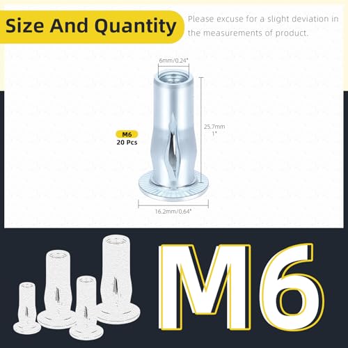 Mardatt 20 Stück M6 Multi-Grip Nietmuttern, verzinkter vorgebohrter Schaft mit flachem Kopf und Gewindeeinsatz, Nietmuttern aus Kohlenstoffstahl für Bauindustrie