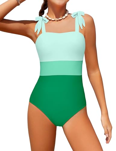 Dearnow Girls Bathing Suits Size 8-10 One Piece Green Casual Color-Block Adjustable Straps Girls Bathing Suit Swimwear