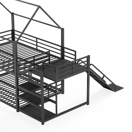 Image of Bellemave Metal Bunk beds Full Over Full with Slide and Storage Stairs, House Floor bunk Bed with guardrail for Kids,Black