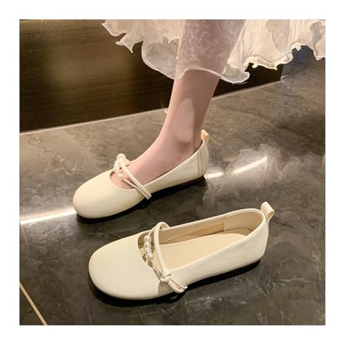 Aesthetic Elegant Pearl Strap Mary Jane Ballet Flats Slip on Soft Sole Round Toe Non-Slip Comfort Dress Shoes for Women2