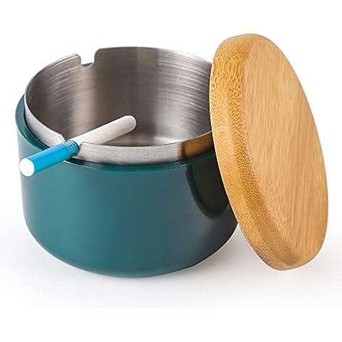 Smokeless Ashtray for Cigarettes Ash Tray with Stainless Steel Liner Inside Cool Ashtrays for Patio Home Office Tabletop(Dark Green) Cover