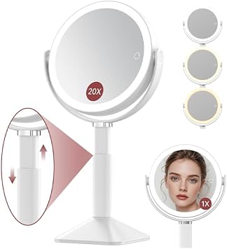 Benbilry 20X Magnifying Mirror with Light, Rechargeable 4000mAh Lighted Makeup Mirror with Magnification, Adjustable Height, 3 Color Modes, 2-Sides Vanity Mirrors for Desk Bathroom Bedroom, White
