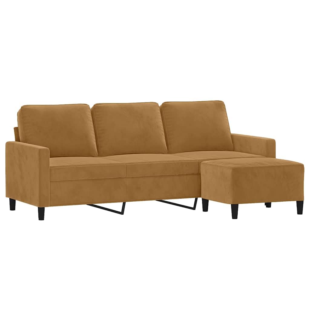 Sofa 3-osobowa z taboretem, brązowa, szerokość siedziska 180 cm, aksamitne pokrycie, wytrzymały metalowy stelaż, wygodne doświadczenie siedzenia do salonu