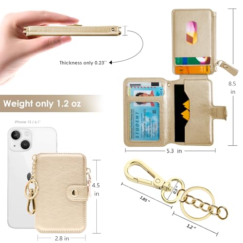 Image of Keychain wallet, Rfid Blocking Credit Card Holder Leather, Zipper Card Case for Women, Gold, Multi-function