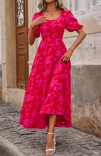 Image of BTFBM Casual Women Summer Dresses 2024 Puff Sleeve Floral Maxi Dresses Smocked Backless Flowy Tiered Beach Long Dress