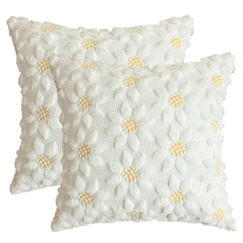 Artoid Mode Lot de 2 housses de coussin décoratives en fourrure synthétique jacquard - Motif tournesols - Blanc crème - 45 x 45 cm