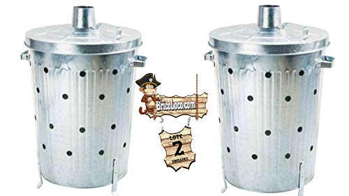 BricoLoco Lote 2 uds. Cubo incinerador jardín 75 litros para Hojas, desechos y residuos. Cilíndrico. con Tapa, Asas y Patas. Acero galvanizado. Abono orgánico Ceniza compostador.