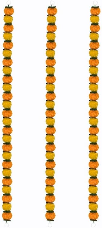 Artificial Decorative Marigold with Leaves Garland Used for Wedding Home Office Decoration,Size 55 inches, Pack of 3, Colour Yellow & Mango (RK-33803-3)