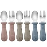 PandaEar 6 Pack Toddler Cutlery Set| Baby Fork and Spoon Set| Stainless Steel Childrens Kids Cutlery| Baby Cutlery Self Feeding 12 Months Plus with Silicone Holding Anti-Choke Design (Blue/Brown/Red)
