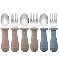 PandaEar 6 Stücke Kinderbesteck Esslernbesteck ab 1 jahr| Silikon Edelstahl Baby Besteckset Löffel Gabel mit Silikon Halten Anti-Choke Design, BPA Frei Lernbesteck (Blau/Braun/Rot)