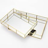 Set 2 Gold Perfume Vanity Tray, Rectangle Mirror Tray with Metal Frame, Decorative Tray for Dresser...