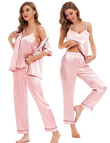 Image of SWOMOG Womens Silk Satin Pajamas Sets 4pcs Sleepwear Sexy Cami Shorts Set and Button Down Short Sleeve Pjs Loungewear Sakura Pink X-Small
