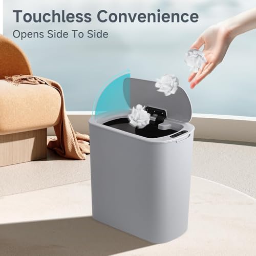 Image of TIPGO 5 Gallon Motion Senor Bathroom Trash Can with Lid, Automatic Garbage Can Touchless, Smart Plastic Waste Basket for Narrow Spaces, Bathroom, Office, Bedroom, Living Room (Gray)