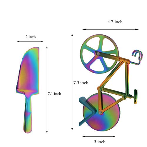 Stainless Steel Bicycle Pizza Cutter Wheel with Pizza Shovel Bike Pizza Slicer Creative Pizza Knife Kitchen Utensil Cool Gifts for Pizza Lovers Boyfriends Girlfriends Families-Rainbow
