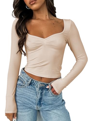 Image of Women Sweetheart Neckline Basic Fitted Tops Long Sleeve Going Out Crop Tops Ruched T Shirts