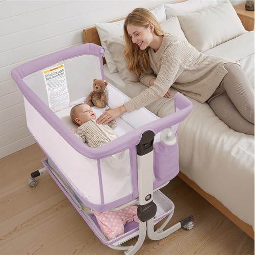 Baby Bassinet Bedside Sleeper for Newborns Convertible Co-Sleeper Crib with Breathable Mesh 6-Level Height Adjustment Built-In Storage Foldable Portable Bassinet for Home or Travel Pink & Purple