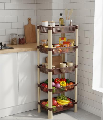 Image of U-Max Multi Tire Kitchen Storage Rack, Plastic Utility Shelf Organiser, Space Saving Storage Solution, Revolving Vegetable Rack (Brown-Regular, 5)