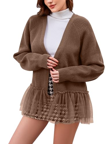 Ythomm Womens Tulle Ruffle Knit Cardigan Sweaters Oversized Long Sleeve Layering Peplum Hem Flowy Tops Fall Winter Outfits