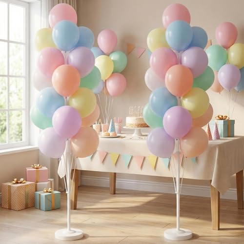 Image of Pastel Balloon Column Kit Set of 2 With Macaron Latex Balloons Stand Included - Base,Pole,Balloon Tower Backdrop Decoration for Wedding,Baby Shower,Bridal,Graduation,Birthday,Easter Party,Bachelorette