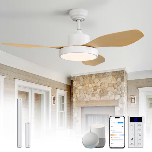 Image of Sofucor 47 Inch Ceiling Fan with Lights Flush Mount Modern Outdoor Ceiling Fans with Remote Control, 3CCT Dimmable 6 Speeds Quiet DC Motor & Timer for Patio Bedroom Living Room