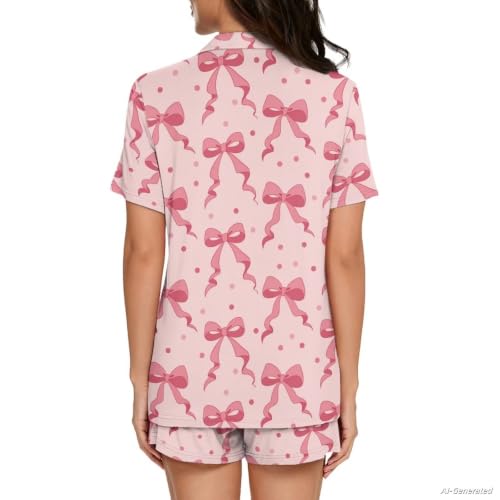 Image of Renewold Button Down Womens Pajama Set Short Sleeve Loungewear Bow Nightwear Sleepwear Night Suit Tops Shorts 2 Pieces