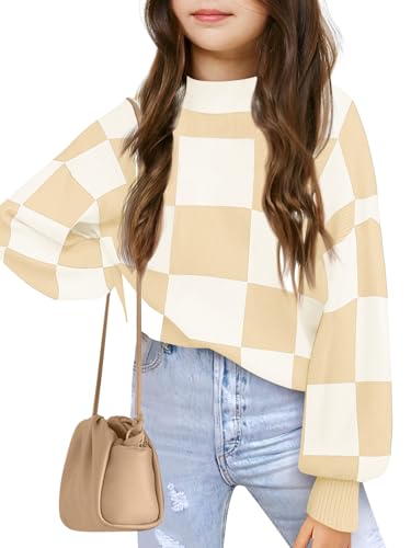 Girls Sweaters Kids Fashion Plaid Mock Neck Pullover Sweater Tops 5-14 Years