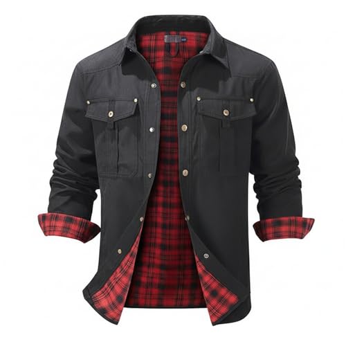 Image of Men's Checked Lined Jacket, Shirt Jacket, Transition Jacket, Lightweight Stand-Up Collar, Field Jacket, Cargo Autumn Jacket, Snap Western Cowboy Jackets, Cotton, Casual Outdoor Jacket with Pockets