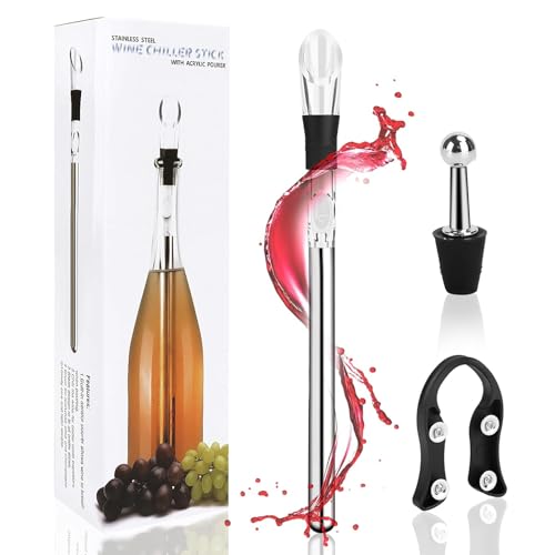 Weinkühlstab aus Edelstahl mit Ausgießer Weinkühler Stab mit Ausgießer I Weinkühlstäbe + Weinausgießer + Flaschenöffner + Flaschenverschluss I Weinkühler Set Geschenk für Die Meisten Flaschen