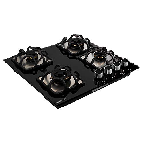 Image of Faber Mild Steel Hobtop Imperia Plus 604 BRB Ci Bk 4 Brass Auto Ignition Burner Auto Electric Ignition Glass Top (Black),Glass and Mild Steel