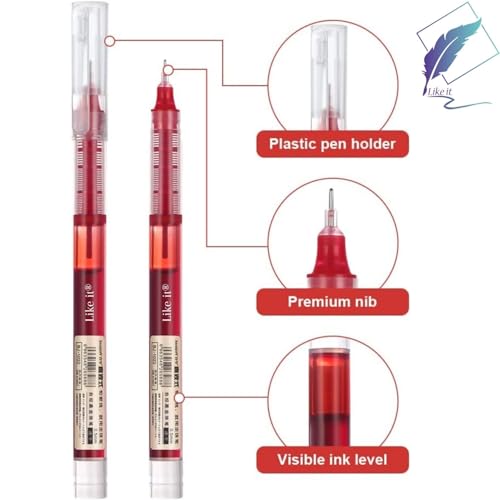 Image of like it Red 0.5mm Roller Pen Color ink Straight Liquid Rollerball Gel Pen for School Office Stationery Pack of 12 (Red)