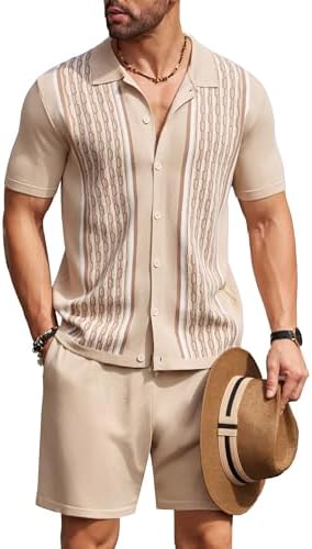 COOFANDY Men's 2 Piece Outfit Vintage Short Sleeve Button Down Knit Polo Shirts Casual Beach Shorts Sets