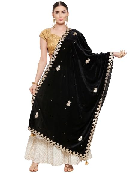Women's Velvet Dupatta with Gold-Toned Gotta Patti Work, Scarf, Stole, Shawl