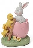 khevga Polyresin decorazione pasquale coniglietto con pulcino su base – amorevole decorazione primaverile in bianco/rosa – circa 10,5 × 8,5 × 13,5 cm – Figura di coniglio dipinta a mano con motivo