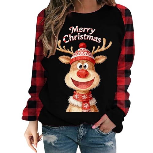 Camiseta de manga larga para mujer con estampado navideño a cuadros, diseño festivo de Papá Noel, cuello redondo, suave, tiempo libre, invierno, cómodo, Negro4., S