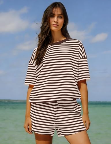 Image of Ythomm Striped Pajamas Shorts Sets Women 2 Piece Lounge Outfits Short Sleeve Tees Drawstring Shorts Summer Matching Pj Sets
