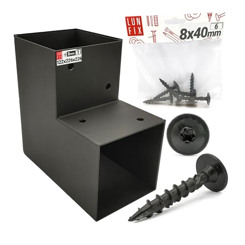 LUN FIX L-Verbinder 120x120 Stahl verzinkt, inkl. 6 Schrauben 8x40mm schwarz pulverbeschichtet, Pfostenverbinder, Holzverbinder, Pfostenträger 122x226x224x2 mm, Eckverbinder für Pergola, Carport