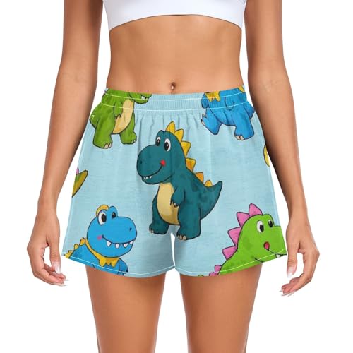 EtherSpher Cartoon Animal Dinosaur Colorful Women's Athletic Shorts with Pockets Girls Training Shorts for Biking Surfing Vacation Swim Party pantalonetas para Mujeres L