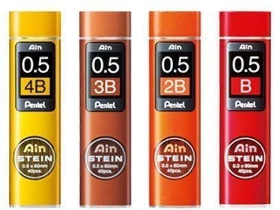 Pentel Ain Stein Mechanical Pencil Lead, 0.5mm B,2B,3B,4B (40 Leads) 1 Each + Original 5 Colors Sticky Notes