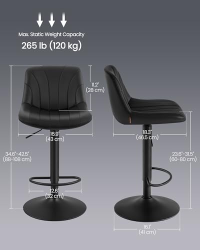 Vasagle Bar Stools Set Of 2, Adjustable Bar Chairs With Backs, 360° Swivel, Metal Footrest, Barstools, For Kitchen Dining Reception, Pu Leather, Ink Black LJB181BH02 - 2