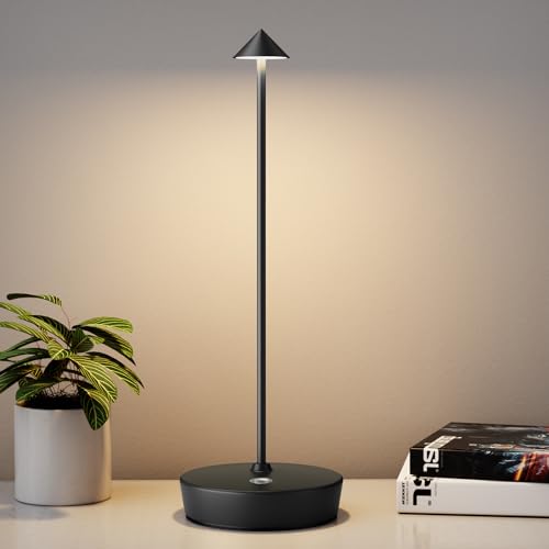 Rechargeable Cordless Table Lamp, Portable Powered LED Battery 6000mAh Metal USB Desk Lamp, 3 Levels Brightness Light for Restaurants Outdoor (Black)