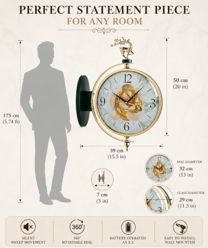 Image of Prakal Home Decor Double Sided Round Wall Mount Station Clocks Watchs Double Face Wall Clock Vintage Retro Metal Frame Glass Dial Cover (W8 Green)
