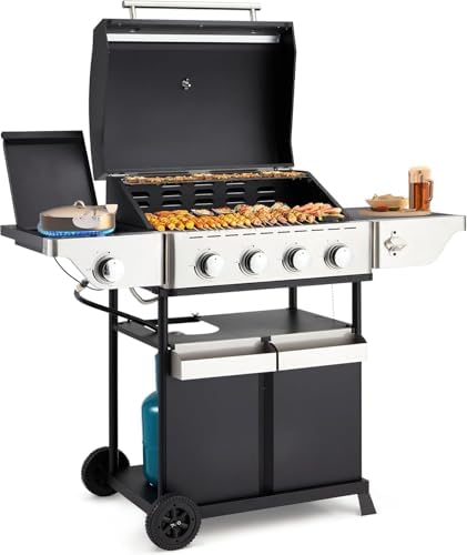 BUPPLEE 4-Burner Propane Gas Grill with Side Burner, Stainless Steel Spice Rack 542 Sq.In BBQ, 45,000 BTU Portable Propane Grill Output for Outdoor Cooking Kitchen, Garden Patio Backyard Barbecue