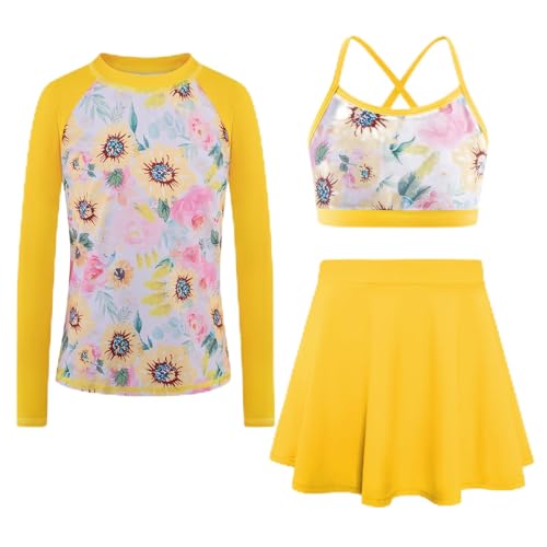 Seanrui Girls Swimsuit Long Sleeve Swim Shirt 3 Piece Rash Guard for Girls Bathing Suit with Boyshorts Yellow Sunflower 5-6 Years