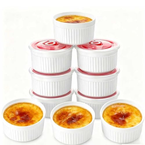 Mfacoy Ramekins with Lids Set of 6, 8 oz Porcelain Creme Brulee Souffle Ramekins with Covers, White Pudding Custard Cups Ramiken for Baking, Small Bowls for Sauces Dessert, Dishwasher and Oven Safe